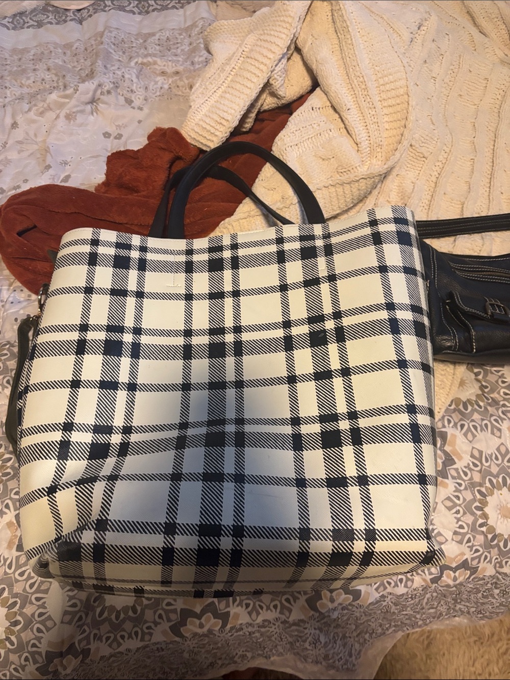 Source Unknown Cream and Black Plaid Tote